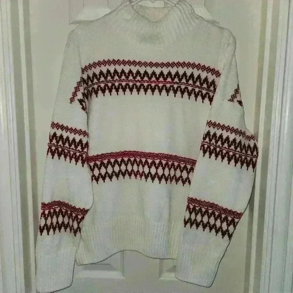 Christian Siriano New York Size Large  Sweater Mock Neck Cozy Soft Cream Red - Picture 1 of 4